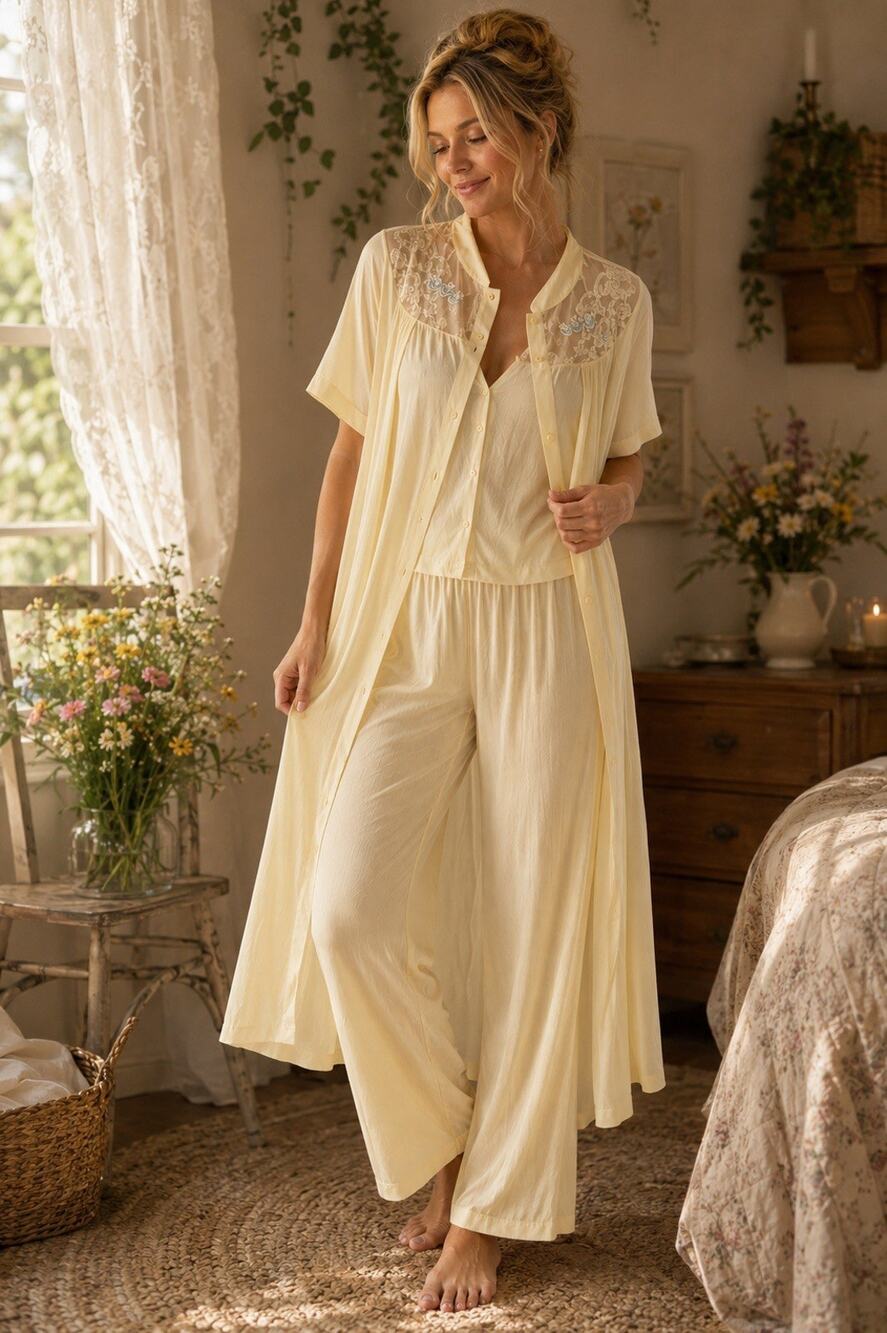Vintage MG JCPenney Light Yellow Silky Nylon Lace 3 Piece Set Size Large 40